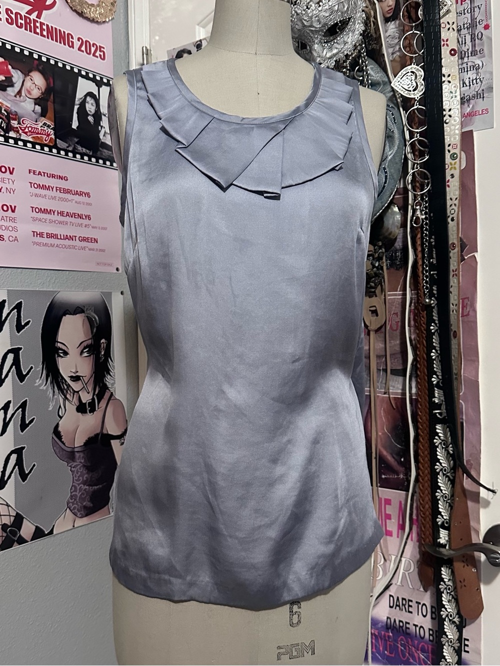 Ann Taylor Satin Ruffle-Neck Sleeveless Top - Light Gray/Silver Size S